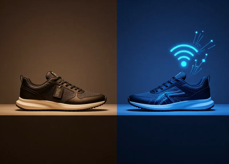 A side-by-side studio shot of two identical modern sneakers on a dark reflective surface, with one side glowing with digital blue nodes and the other illuminated by a standard warm security spotlight.