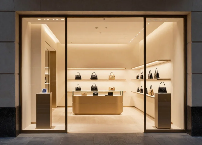 A high-end luxury boutique entrance with modern, minimalist security pedestals and premium fashion displays.