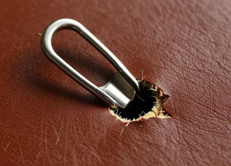 Macro view of a metal pin piercing high-quality leather, showing physical damage and deformation.