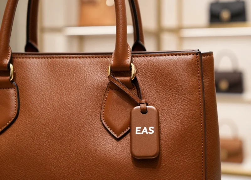 Close-up of a high-end designer leather handbag with a sleek, modern security tag attached, set against a blurred luxury boutique background.