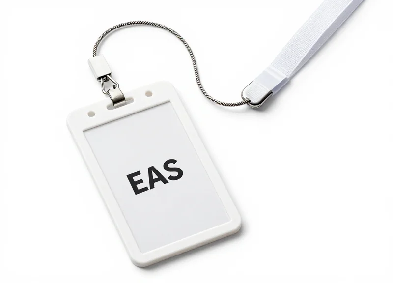 Detailed view of a professional lanyard EAS security tag with a steel cable
