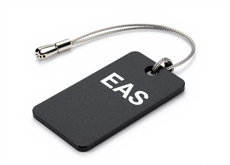 A professional steel rope EAS security tag with a flexible braided lanyard on a pure white background.