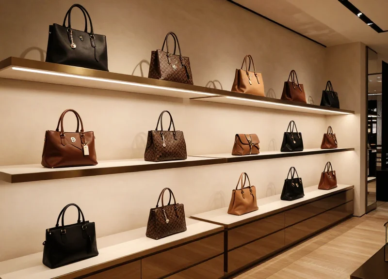 Luxury boutique shelf featuring high-end handbags with discreet steel rope security tags attached to their straps.
