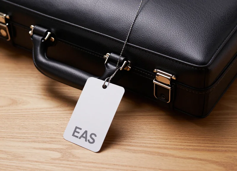 A close-up high-resolution photograph of a premium leather briefcase handle with a sleek security tag attached via a thin, protective steel wire cable.