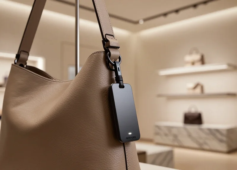 A luxury leather handbag with a sleek, modern security lanyard attached, displayed in a high-end minimalist boutique with soft cinematic lighting.