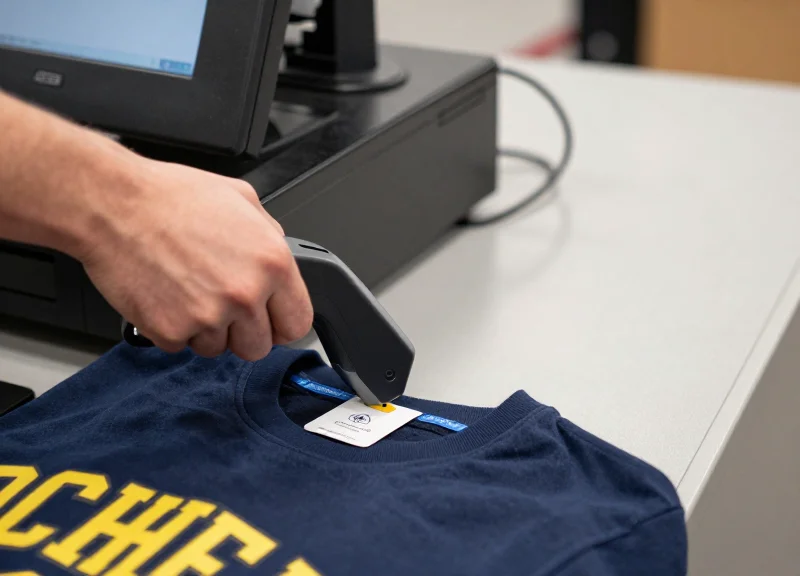 Retail cashier using a magnetic detacher to remove a security tag from sportswear.