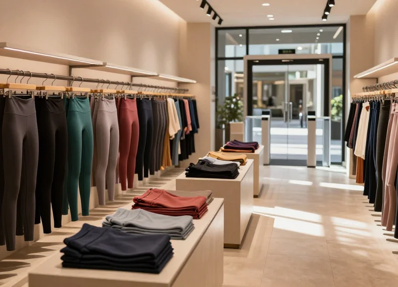 A high-end, minimalist yoga boutique interior featuring organized premium athleisure wear and subtle, modern security systems.