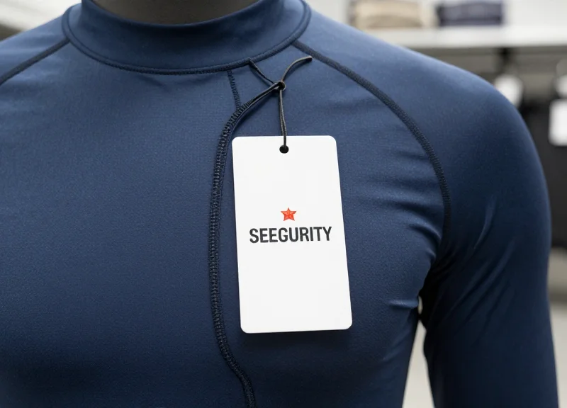 Close-up of a security tag correctly placed on the seam of a high-end athletic compression shirt.