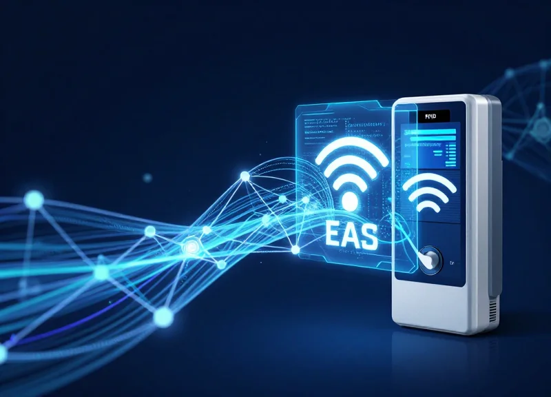 Futuristic visualization of RFID and EAS technology integration with glowing data streams.