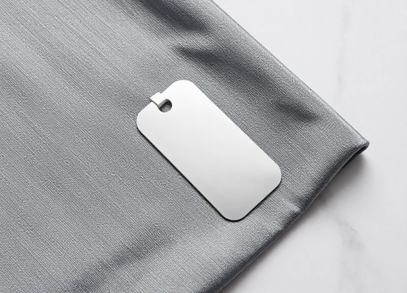 A sleek anti-magnetic EAS security tag attached to a textured, metallic-infused performance fabric, presented in a clean top-down flat lay view.
