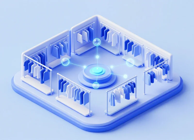 Isometric 3D model of a retail floor showing the connection between clothing tags and digital tracking systems.