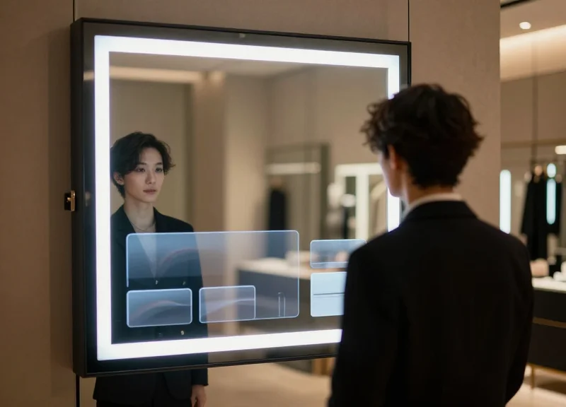 A customer using an interactive smart mirror in a modern fitting room with digital clothing suggestions.