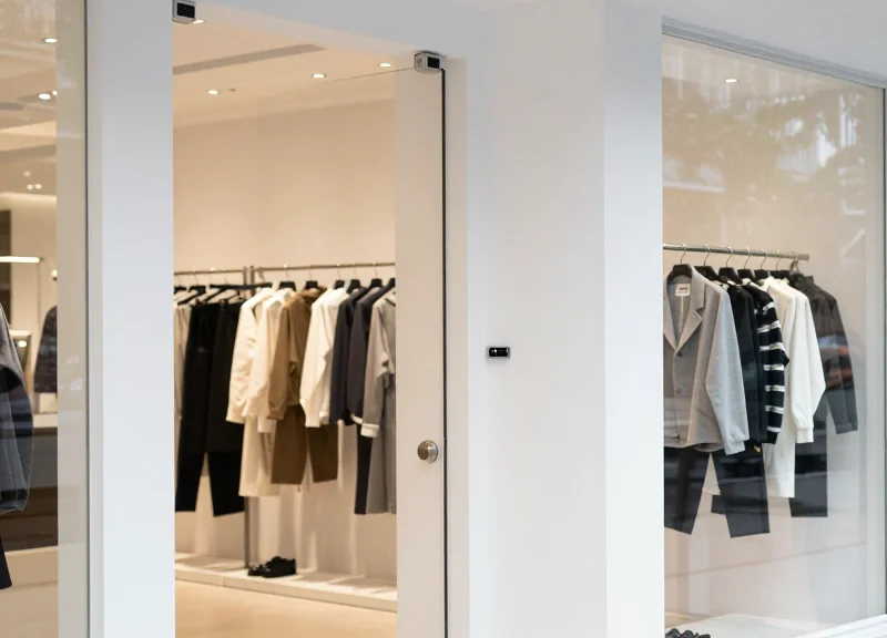 A minimalist boutique entrance featuring invisible or stealth security antennas integrated into the architecture.