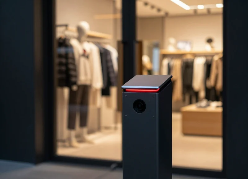 Security pedestal with a red light indicating detection of a metallic object.
