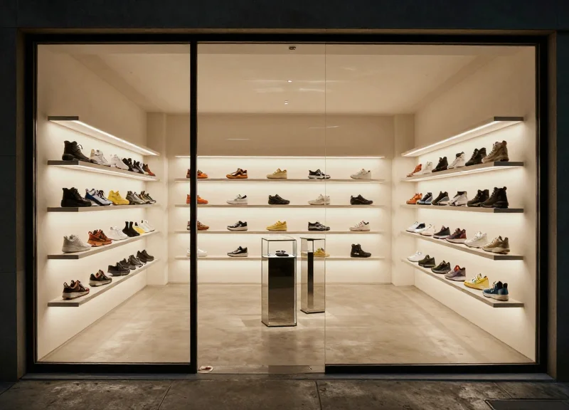 A high-end modern sneaker boutique with minimalist interior design, featuring premium sneakers on display and sleek security pedestals at the entrance.