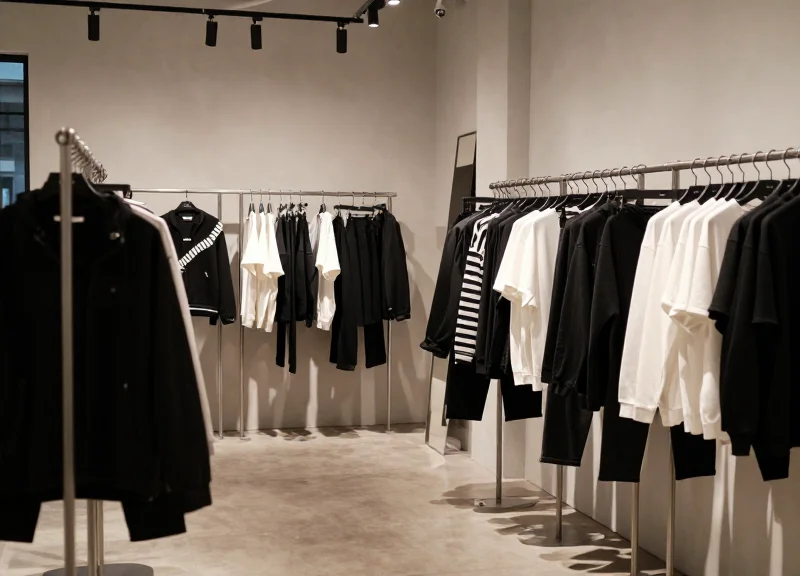 A high-end streetwear boutique during a busy product launch with stylish decor and clothing racks.