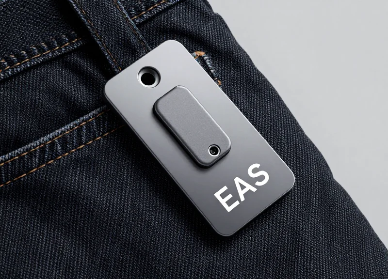 A sleek, modern security tag attached to high-quality garment fabric.