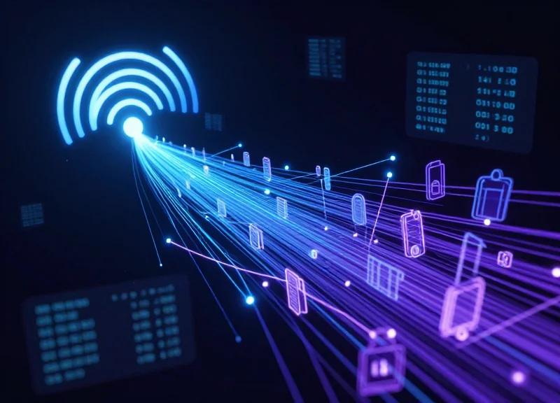 Abstract visualization of RFID signals and data nodes in a retail environment.