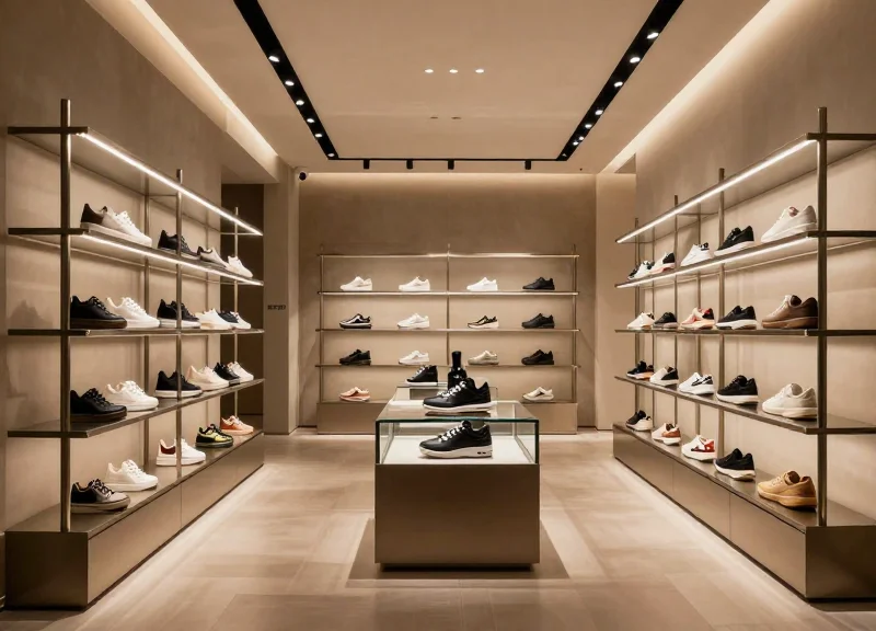 Modern high-end luxury sneaker boutique interior with minimalist display shelves.