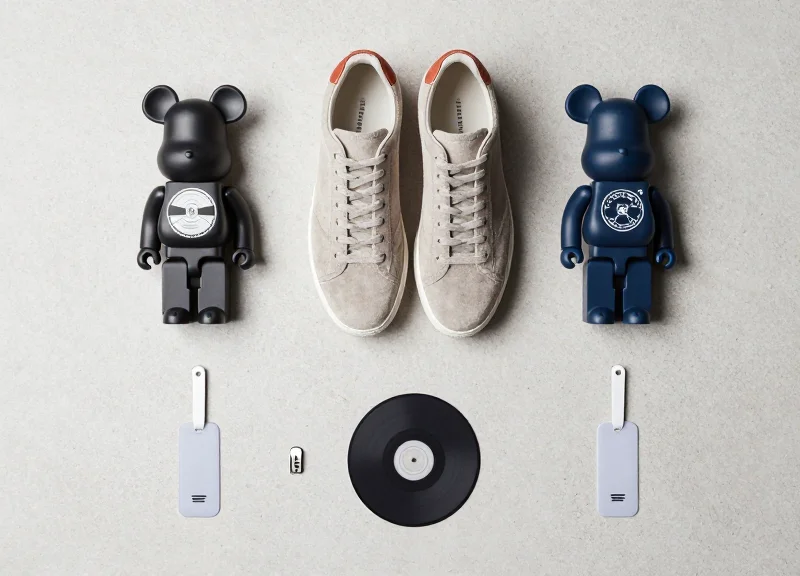 A top-down flat lay view of a pair of premium suede sneakers, designer vinyl art toys, and various sleek security tags neatly organized on a clean minimalist surface.