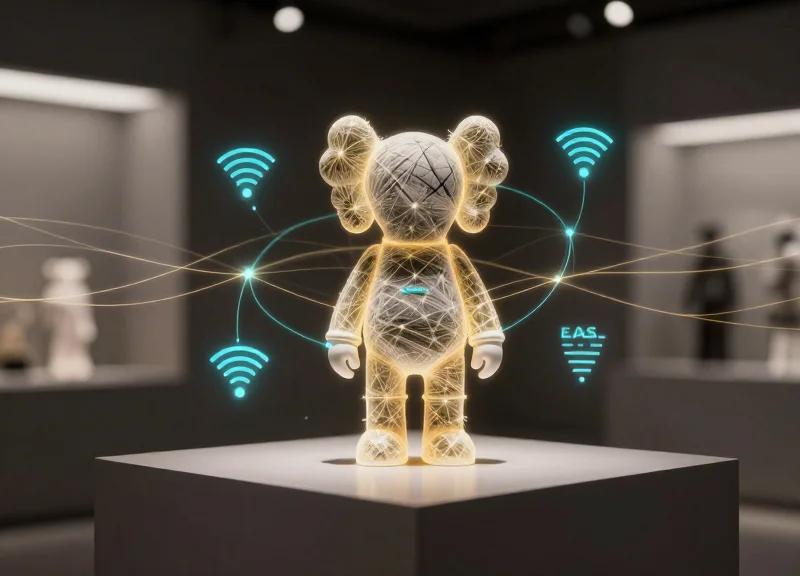 A futuristic designer toy on a minimalist shelf surrounded by glowing blue and gold digital data streams and holographic nodes representing invisible RFID security.