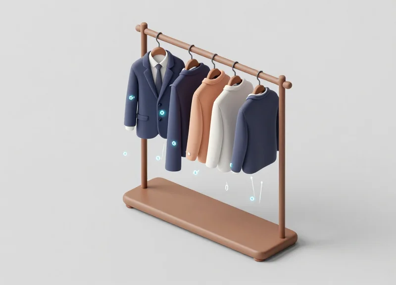 Isometric view of a smart clothing rack with RFID data nodes