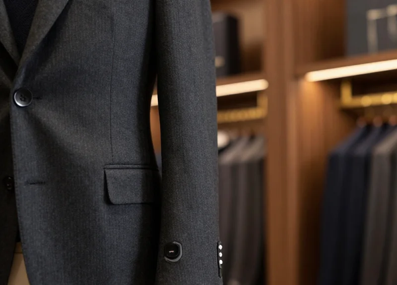 A close-up of a high-end tailored suit sleeve in a luxury boutique with a small, sleek electronic security tag attached to the cuff.