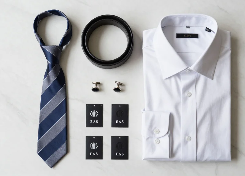 Neatly arranged menswear accessories and security tags.