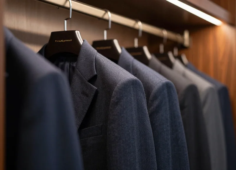 Close-up of luxury suits on a rack in a high-end boutique.