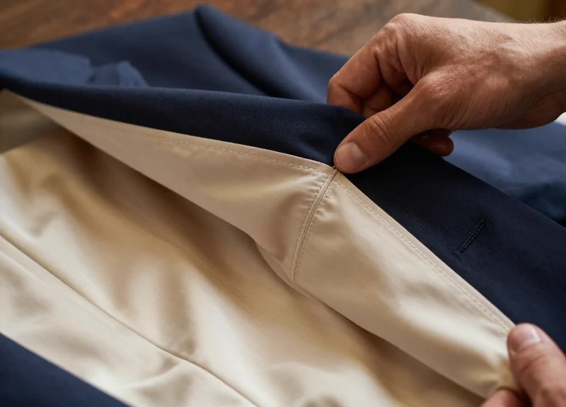 Hands demonstrating placement of a tag near an inner lining seam.