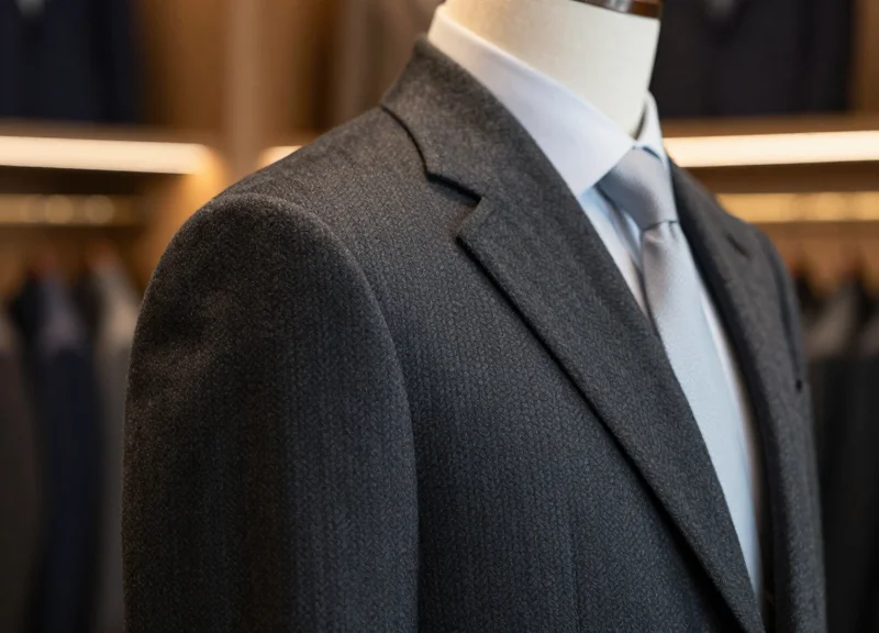 A high-definition close-up of a charcoal grey structured luxury suit, focusing on the fine fabric texture and sharp tailoring of the shoulder and inner lining.