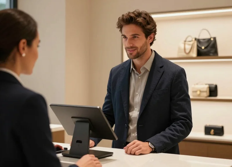 A customer experiencing seamless checkout in a premium clothing store.