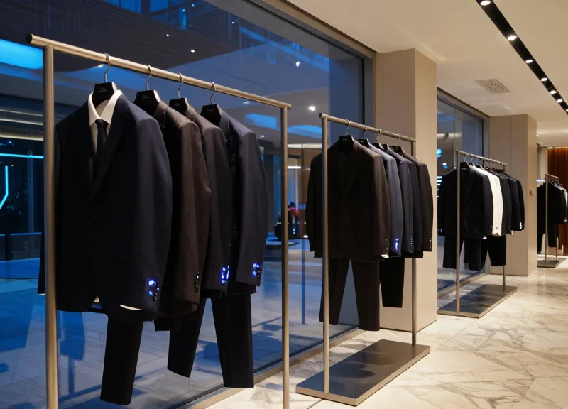 A futuristic luxury menswear boutique interior with sleek suits on racks, featuring subtle glowing electronic tags and modern minimalist lighting.