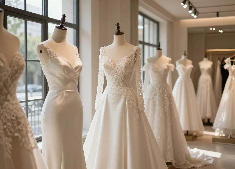 Luxurious bridal boutique with elegant wedding gowns on display in a sophisticated setting.