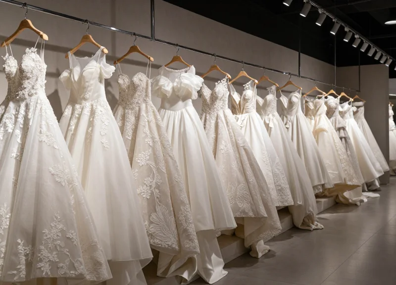 Elegant collection of wedding gowns protected by security tags in a professional showroom.