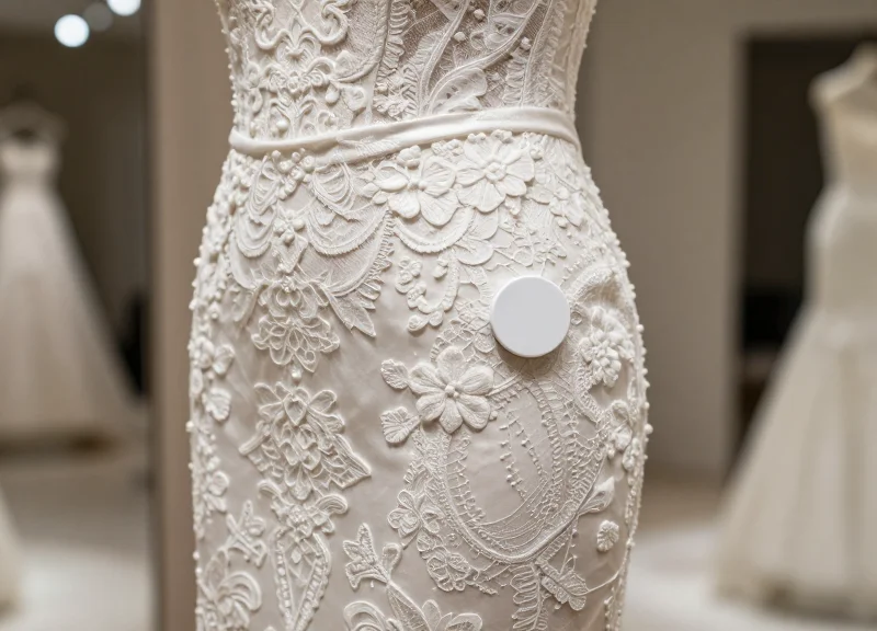 A close-up shot of an elegant white lace bridal gown with a sleek, non-damaging security tag attached to the fabric in a high-end boutique setting.