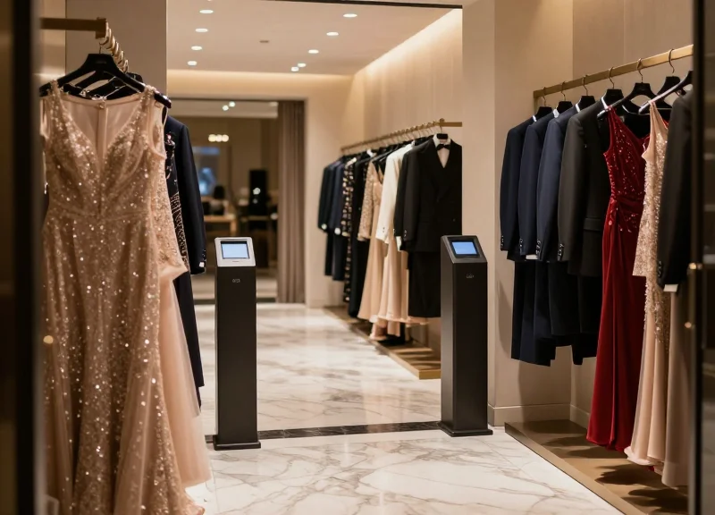 A high-end luxury formal wear boutique with elegant evening gowns and suits on racks, featuring modern security sensor gates at the entrance in a soft focus background.