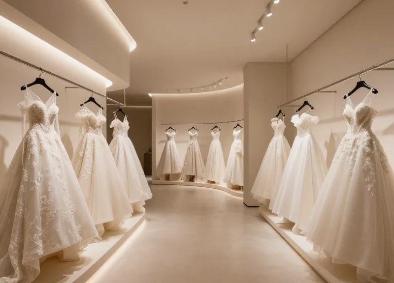 A luxury modern bridal showroom in 2026 with high-end gowns on elegant racks and soft cinematic lighting