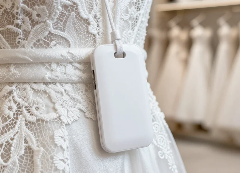 Macro close-up of a sleek, discreet security tag attached to a luxury wedding gown fabric