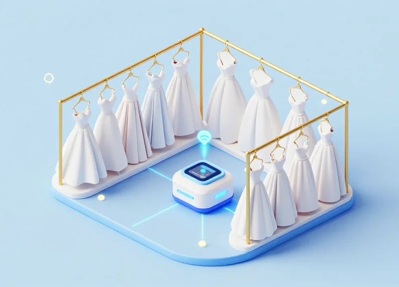 An isometric 3D illustration of a modern bridal rental boutique featuring wedding gowns on racks with glowing digital tracking nodes and a central management hub representing an RFID-EAS system.