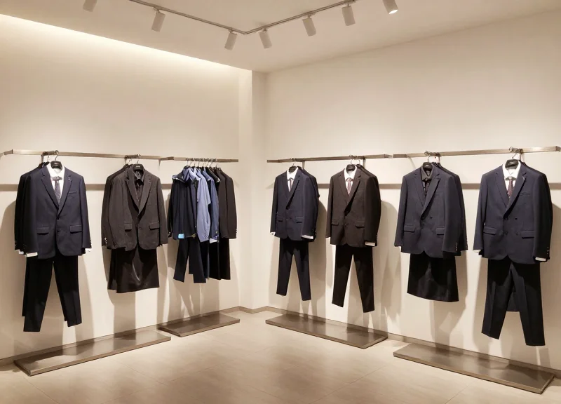 A modern upscale uniform retail store with neatly arranged professional attire.