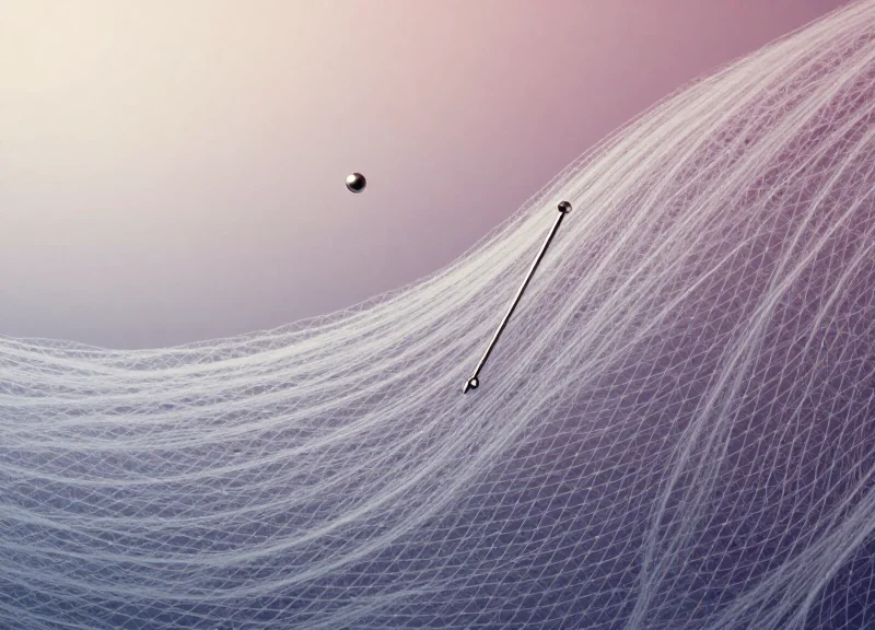 Abstract illustration of high-performance fabric fibers being protected from a sharp object.