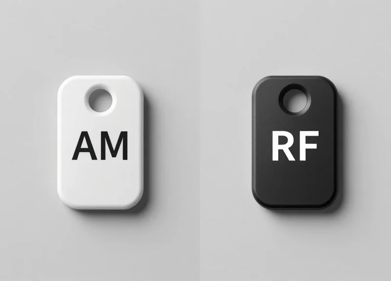 Side-by-side comparison of two different types of electronic article surveillance tags.