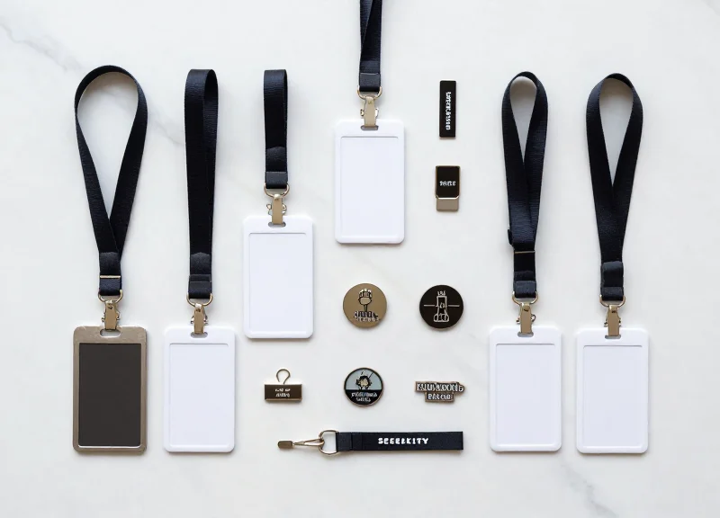 Flat lay of various security solutions including lanyard tags and ink tags for retail.