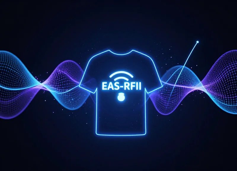 Abstract representation of digital signals connecting a garment to a security system.
