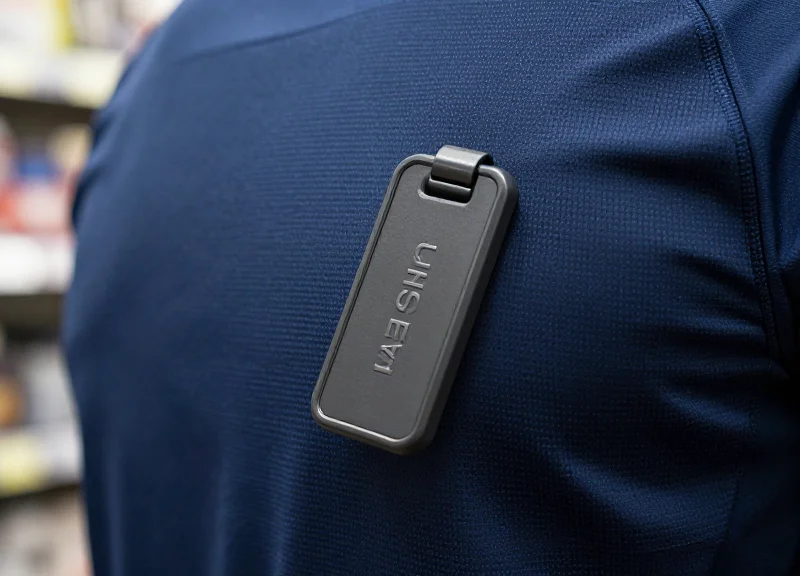A close-up of a sleek, modern EAS security tag attached to a high-performance moisture-wicking uniform fabric, showing the fine texture of the textile.