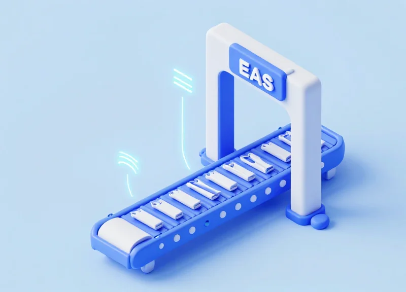 Isometric 3D view of an automated workwear sorting system with integrated EAS and RFID technology