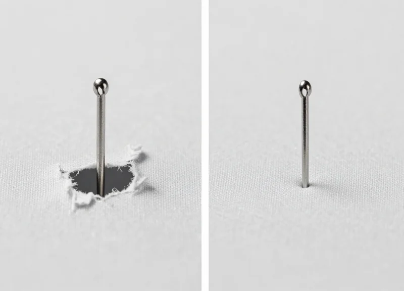 Side-by-side comparison of a standard pin causing a visible tear in fabric versus a precision pin leaving no mark.