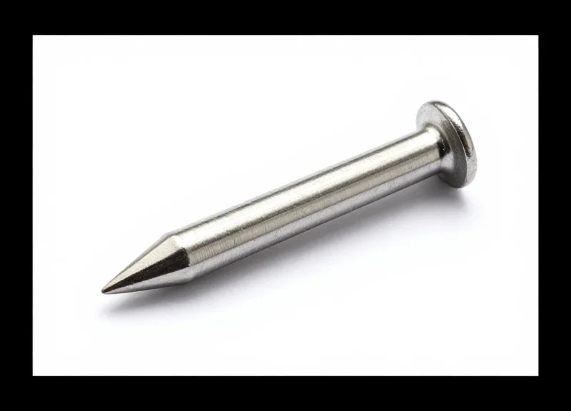 Macro product shot of a 15mm stainless steel precision pin for security tagging.