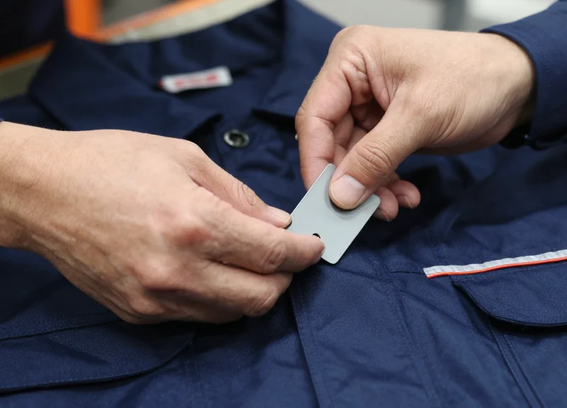 Close-up of a worker's hands correctly applying a security tag to a flame-retardant jacket.